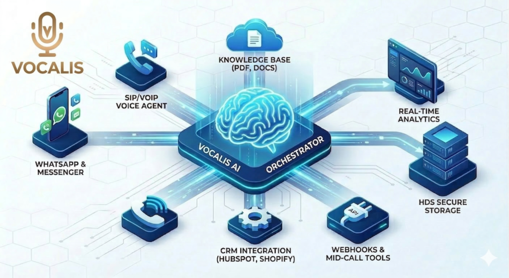 Schéma technique d'une architecture agent IA générative Vocalis avec intégration WhatsApp, téléphonie SIP et CRM.