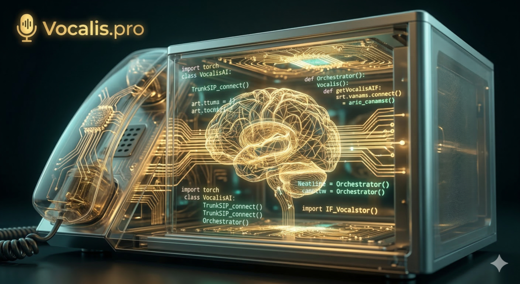 Architecture système Vocalis.pro : Orchestrateur IA multimodale, intégration Trunk SIP, CRM (HubSpot, Shopify), bases de connaissances (PDF, DOCS) et outils mid-call.