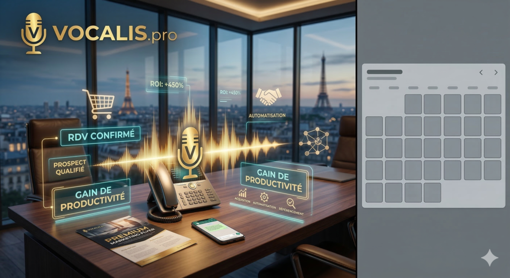 Architecture système Vocalis.pro : Orchestrateur IA multimodale, intégration Trunk SIP, CRM (HubSpot, Shopify), bases de connaissances (PDF, DOCS) et outils mid-call.