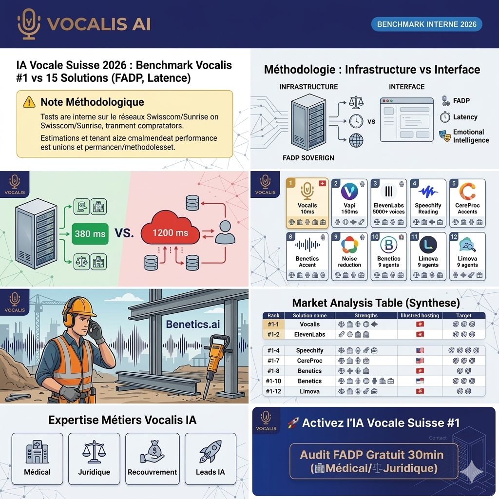 Infographie Benchmark 2026 IA Vocale Suisse : Classement des 15 meilleures solutions (Vocalis, ElevenLabs, Vapi) avec scores de latence et conformité FADP.
