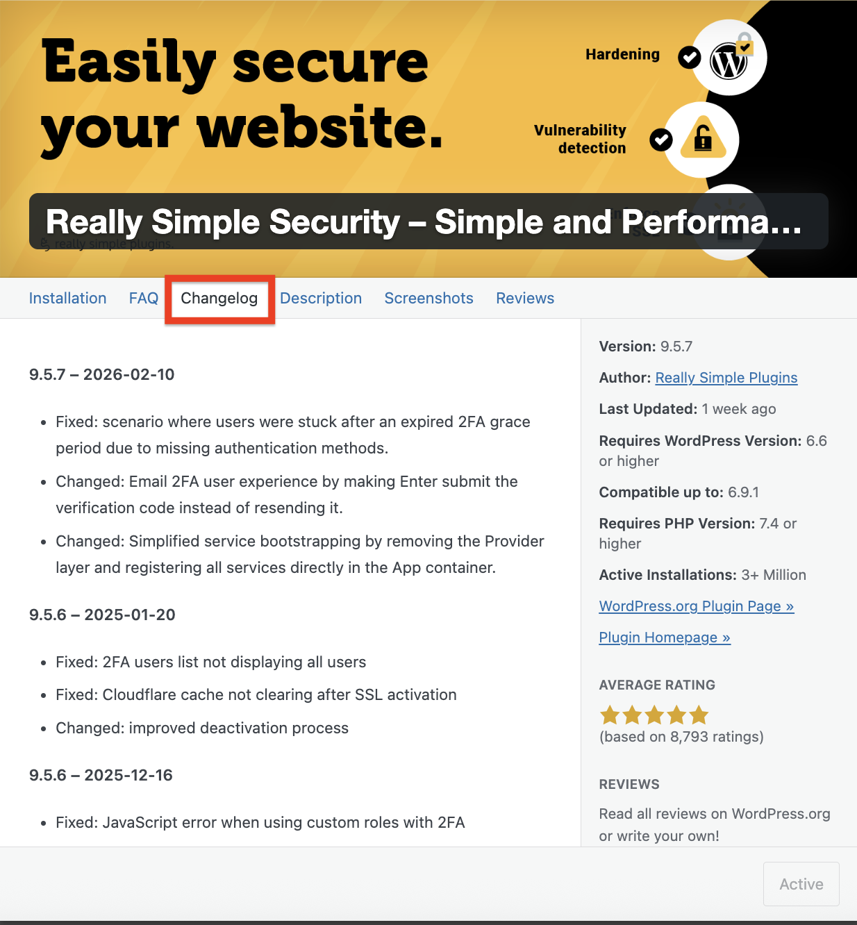 Really Simple Security - Viewing the changelog