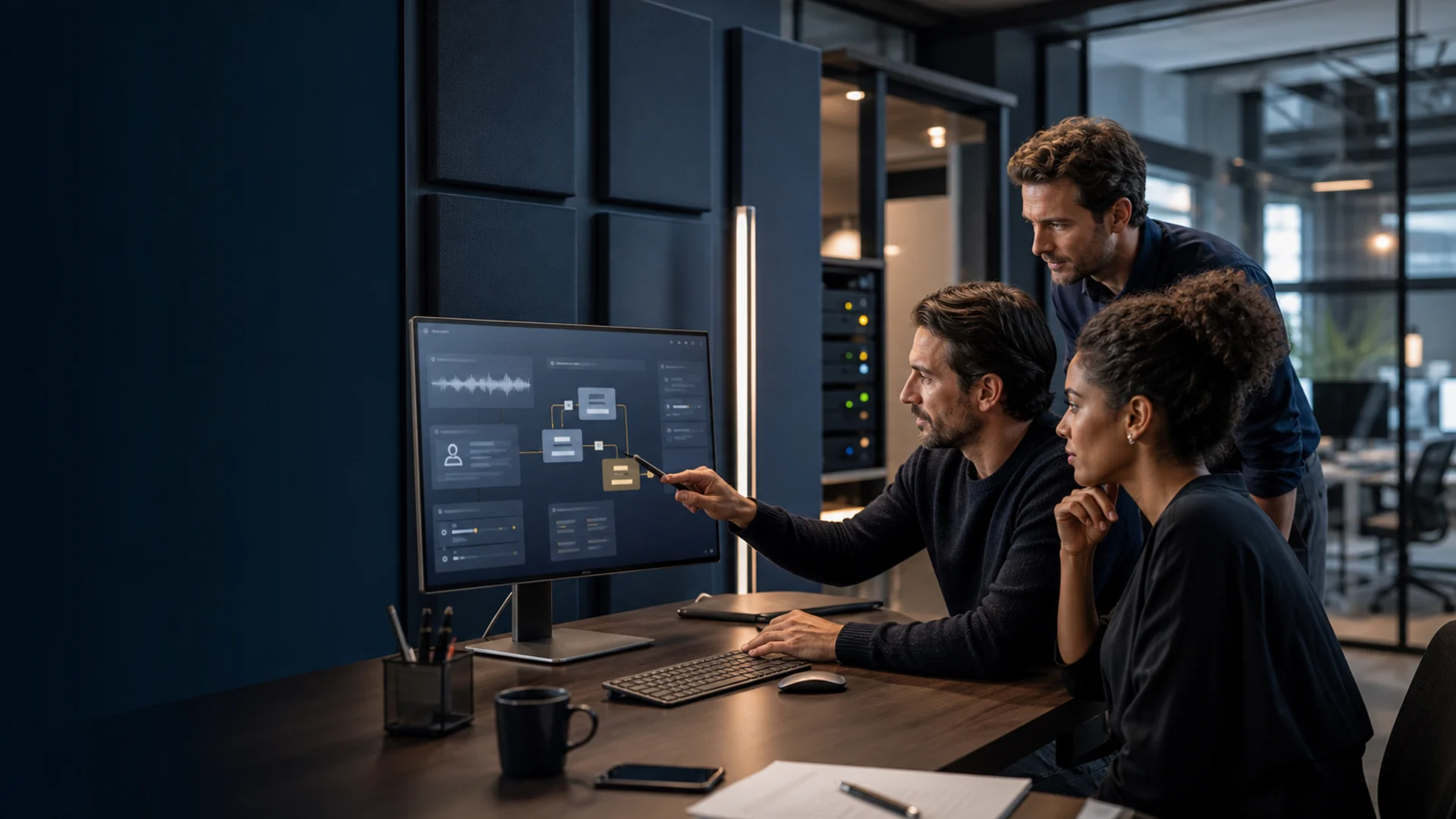 Responsables opérations préparant le déploiement d’un agent vocal IA connecté au CRM