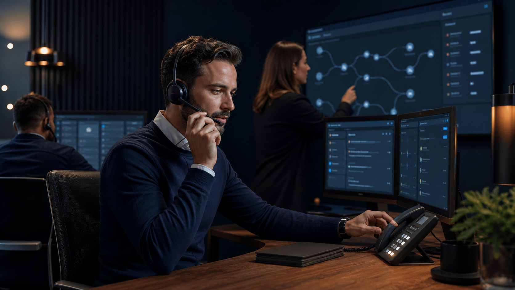 Equipe service client traitant des appels entrants avec un agent vocal IA