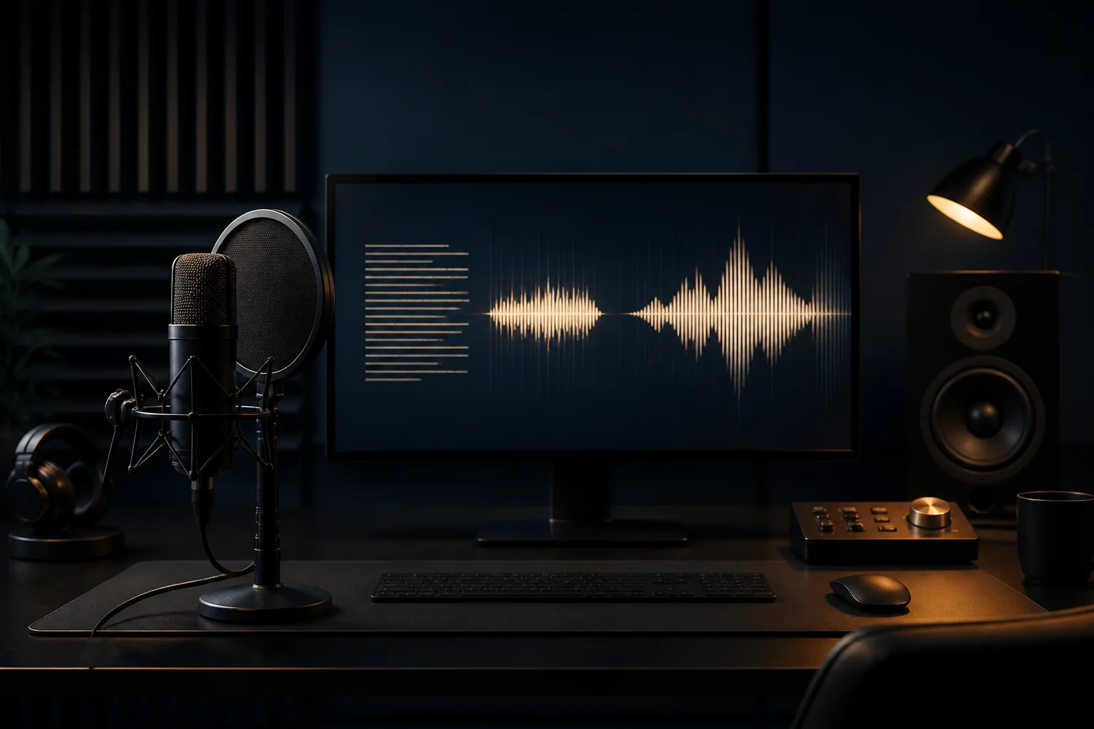 Studio microphone beside a screen displaying a synthetic speech waveform