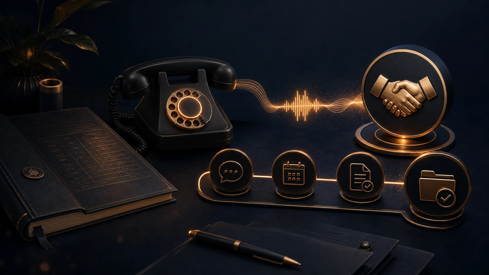 Téléphone, dossier de relance et poignée de main pour une reprise de contact respectueuse