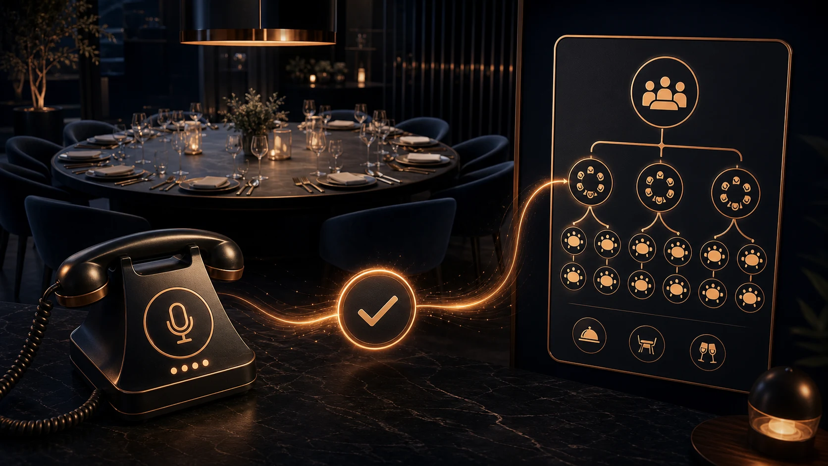 Grande table de restaurant, téléphone et plan de réservation de groupe