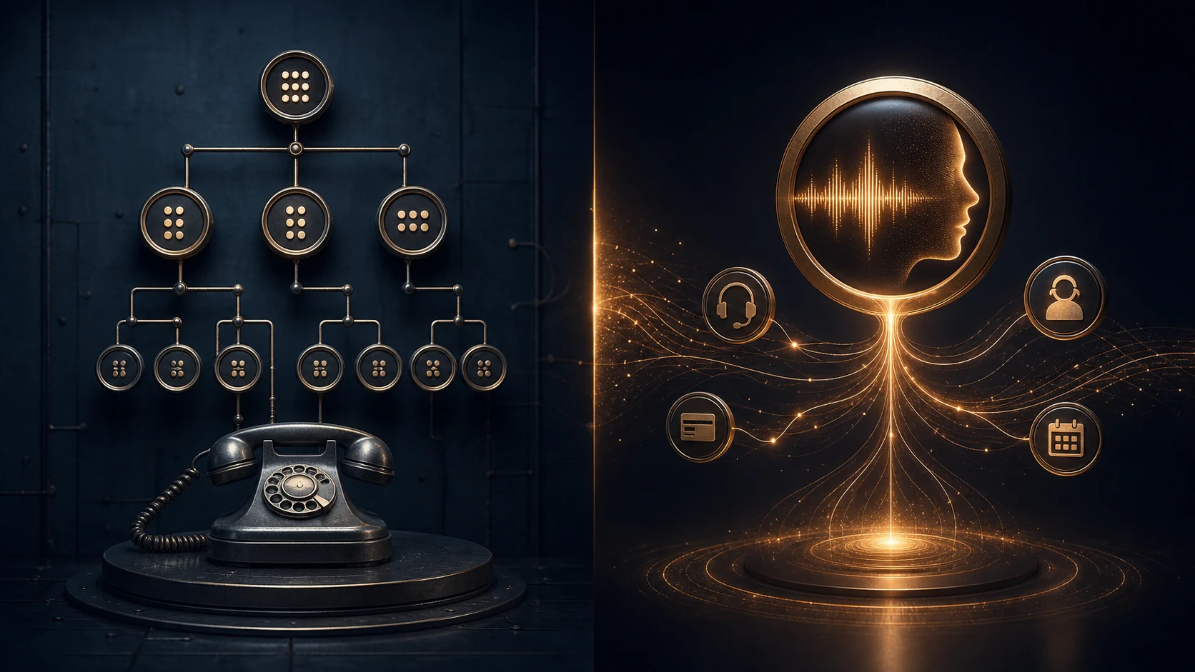 Comparaison visuelle entre un arbre de menu téléphonique fixe et une conversation vocale intelligente