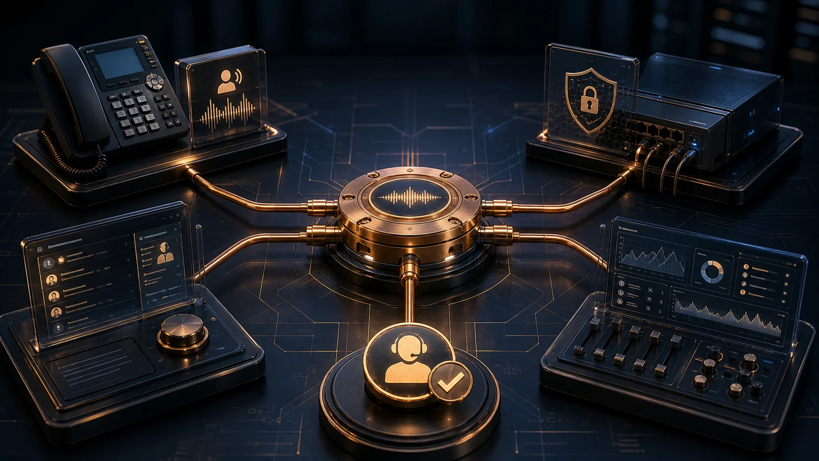Hub d'intégration reliant téléphonie, réseau sécurisé, CRM et supervision