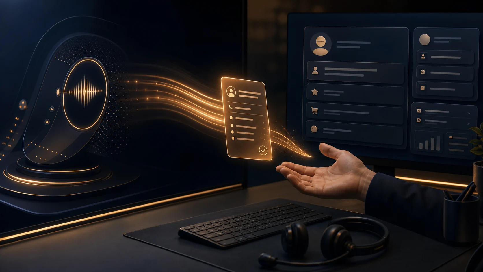 Résumé vocal transmis à une main humaine avec fiche client et contexte CRM