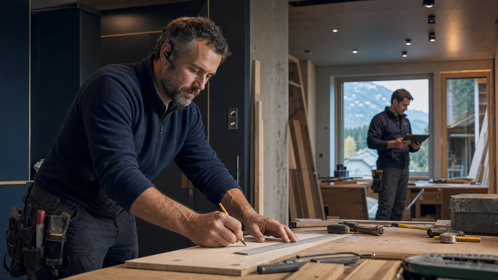 Artisan en Suisse consultant un résumé d'appel pendant un chantier
