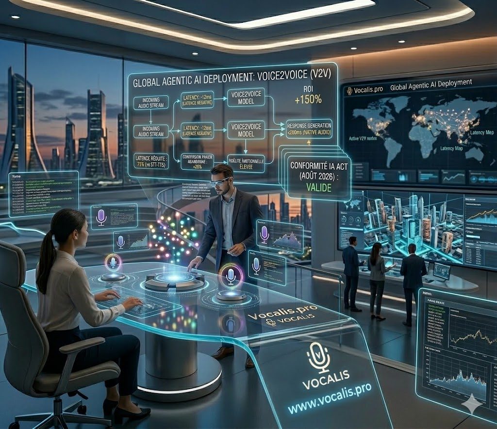 Schéma technique architecture Voice2Voice IA Audio-to-Audio avec latence réduite pour Vocalis AI.
