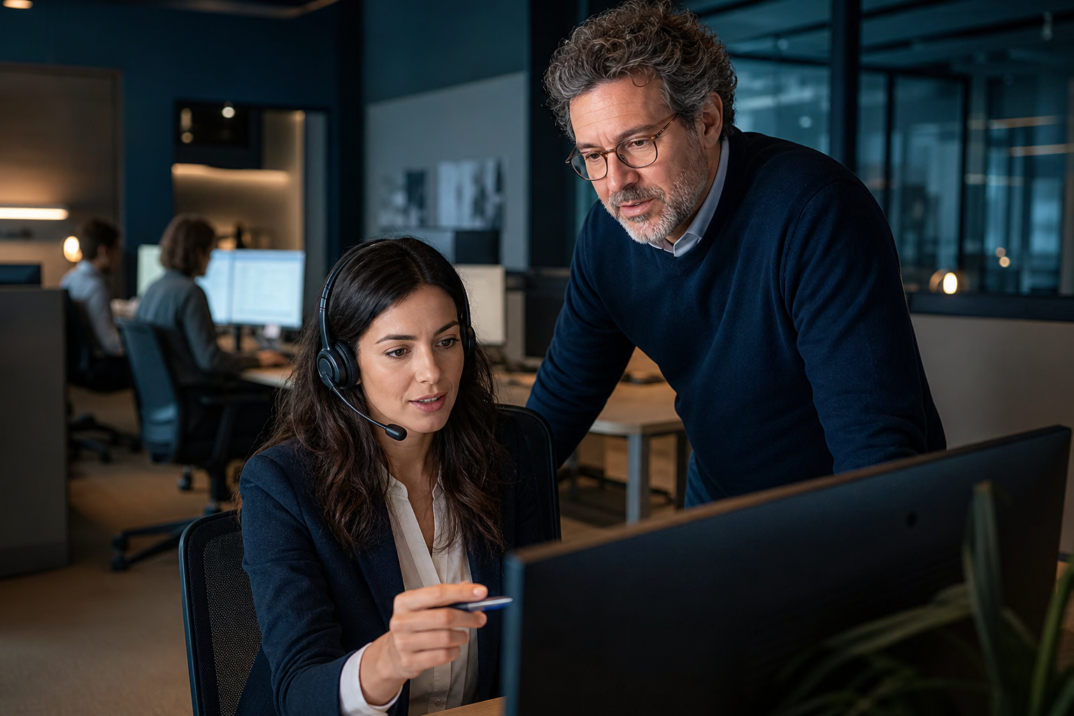Contact-center supervisor supporting a specialist after an AI voice agent handoff