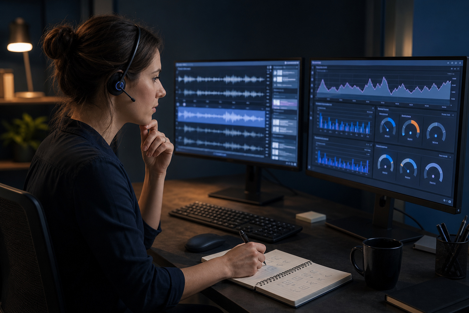 Quality assurance analyst reviewing AI voice agent waveforms and test results