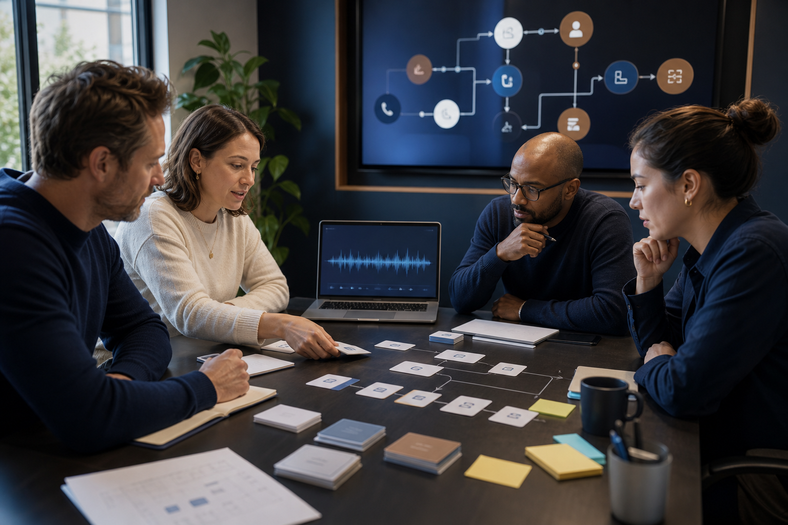Business team mapping an AI voice agent routing workflow during a workshop