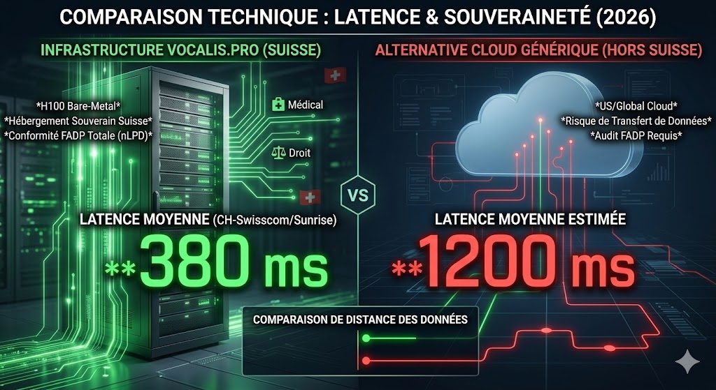 Infographie comparative latence IA vocale : Vocalis.pro (380ms) vs Limova.ai (1200ms) - Standard FADP Suisse.