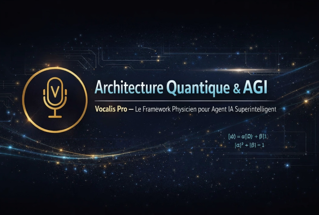 Architecture quantique et AGI Vocalis Pro:
Framework physicien pour agent IA superintelligent
avec superposition d'états quantiques,
formule qubit |ψ⟩ = α|0⟩ + β|1⟩,
circuits quantiques et transformers quantiques,
design futuriste dark mode avec logo Vocalis Pro
