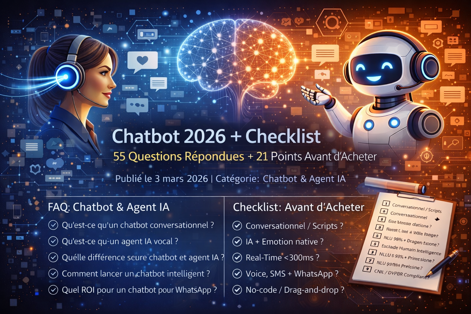 Chatbot 2026 et Agent IA conversationnel – Checklist 21 points et FAQ 55 questions pour choisir un chatbot intelligent omnicanal