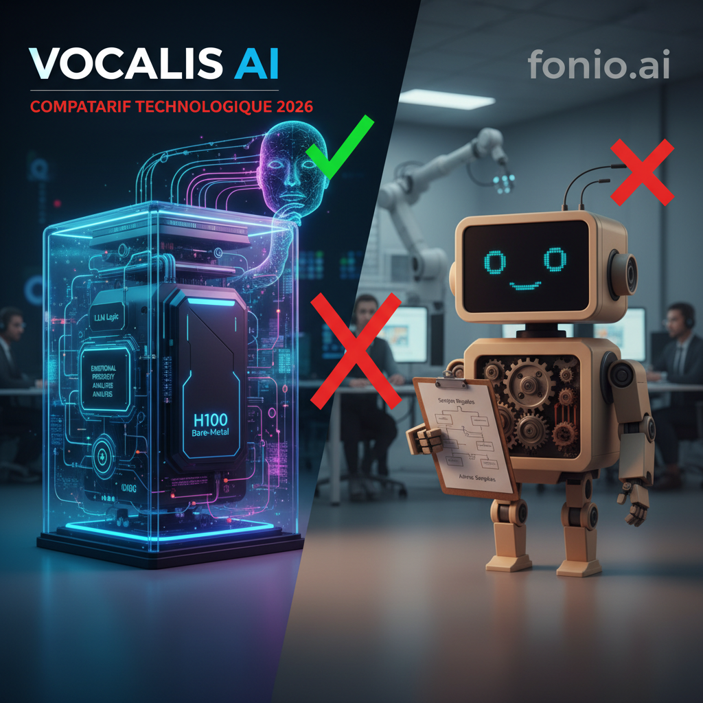 Infographie comparative de l'IA vocale en Suisse : latence (TTFB), qualité vocale (score F0) et conformité nLPD vs RGPD pour Vocalis vs Vapi, ElevenLabs, Fluently, Fonio