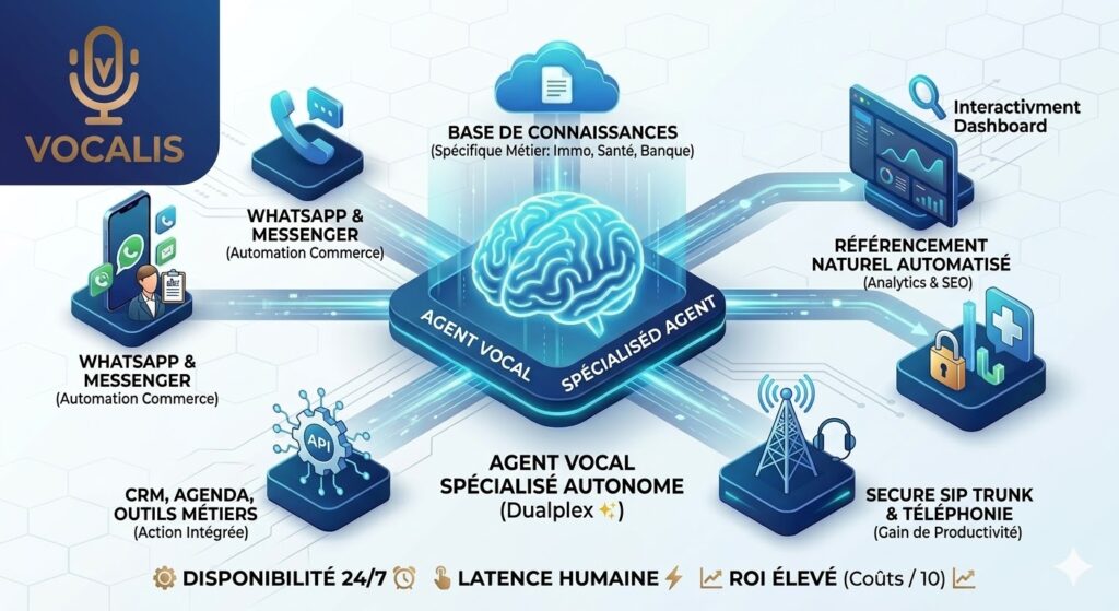 Tableau de bord Vocalis.pro montrant le ROI et la productivité d'une équipe d'agents IA spécialisés pour entreprise.